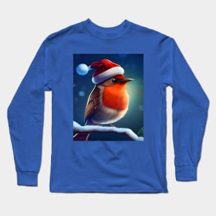 Christmas Robin Bird with a Santa Hat Sits on a Snowy Branch Long Sleeve T-Shirt